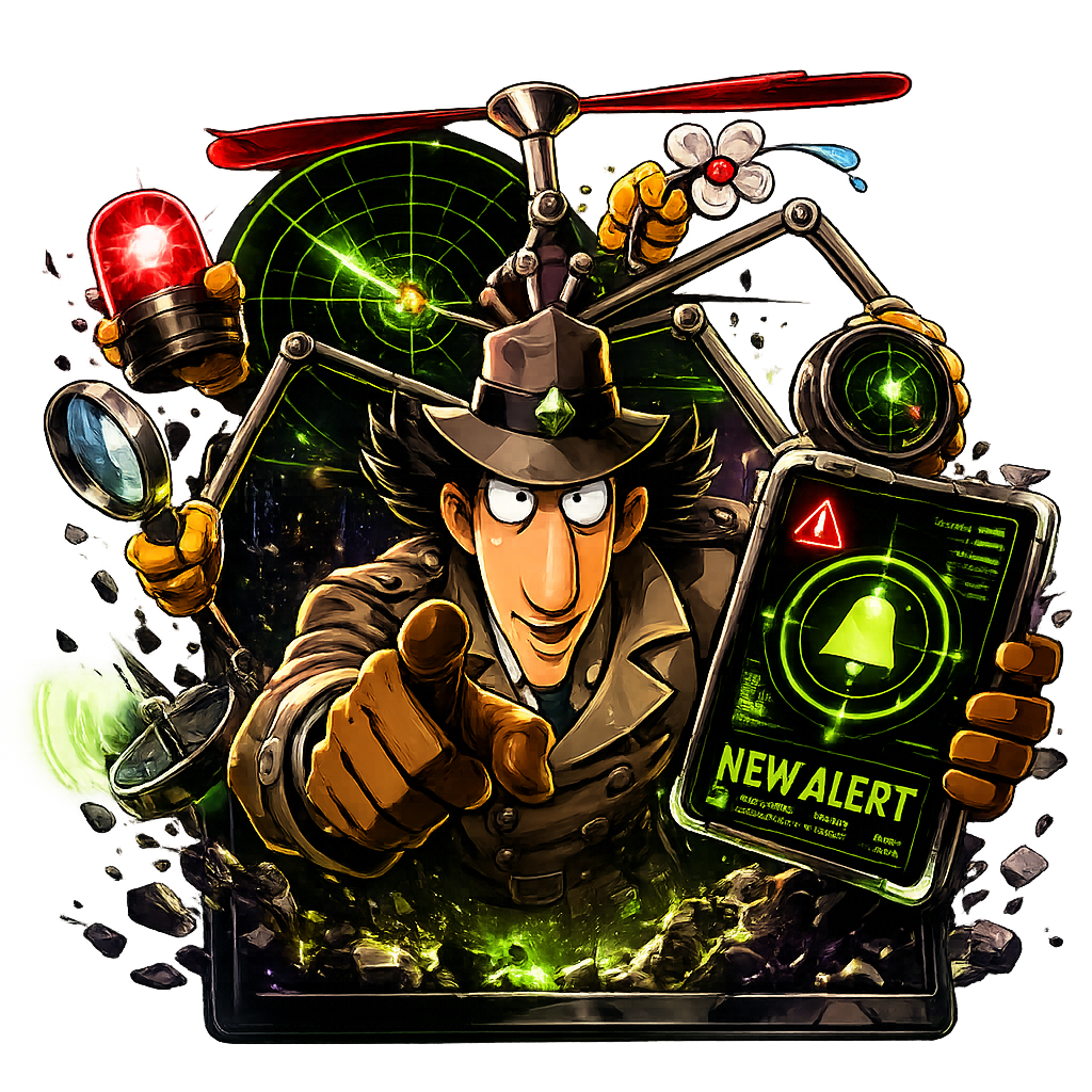Gadget Intelligence detective mascot pointing at viewer holding a NEW ALERT tablet
